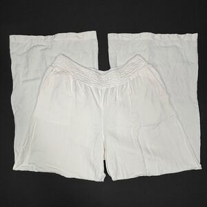A New Day White Wide Leg Linen Gauze Pants Smocked Waist Womens Medium Flare EUC